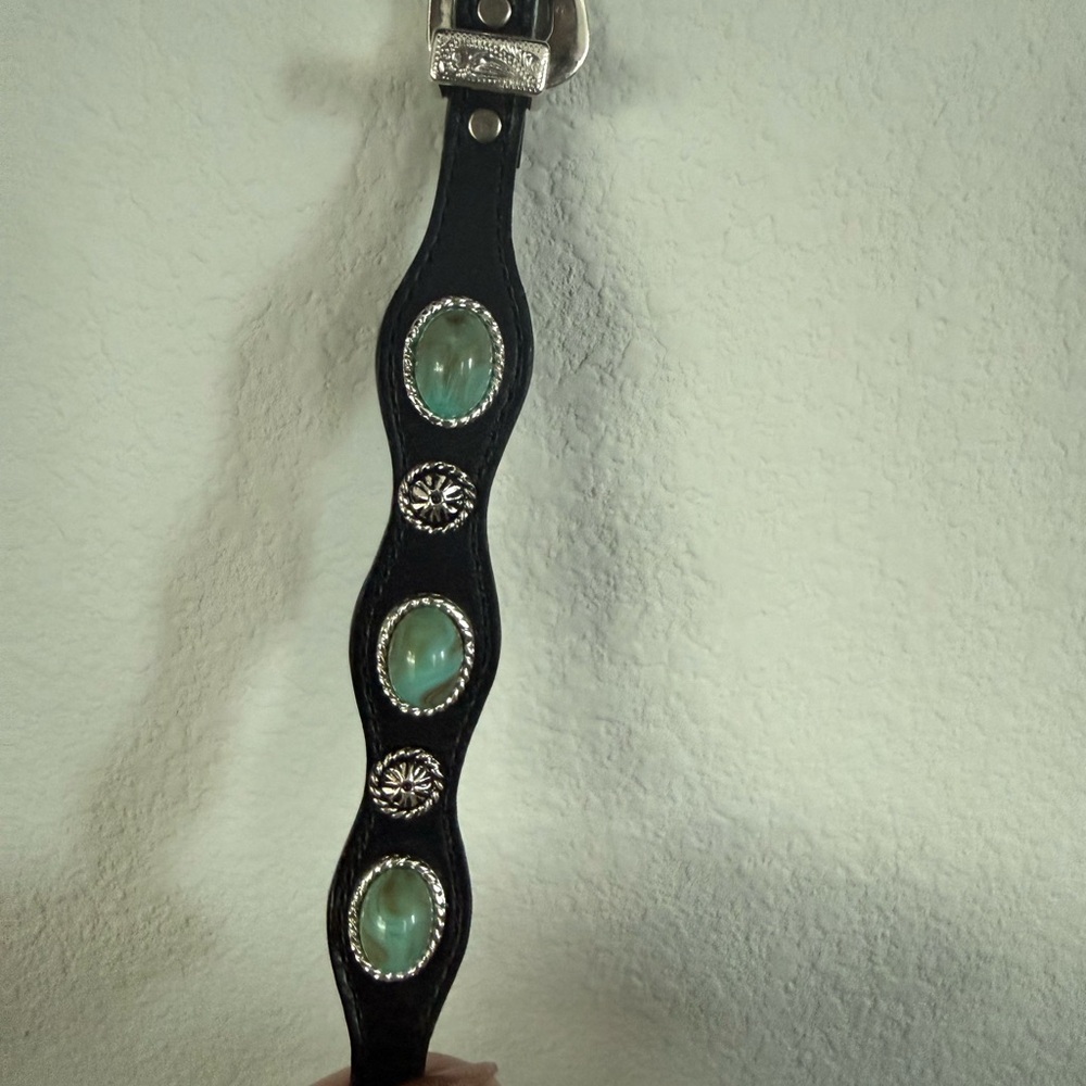 Faux Black Leather Belt bracelet with turquoise